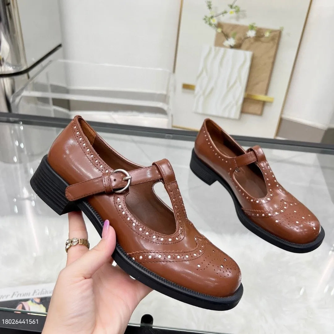 LBSFY  -  Thick Soled French Mary Jane Shoes for Women with T-Shaped Buckle Strap Thick Custom Shoes Carved Internet Red Leather Shoes