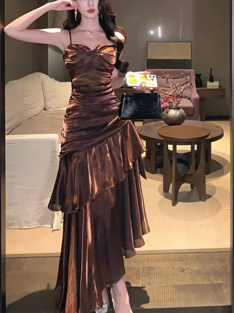 LBSFY -Fashion Spaghetti Strap Elegant Ruffles Women's Long Dresses Sleeveless Princess Party Dress Summer Slim Waist Casual Vestidos