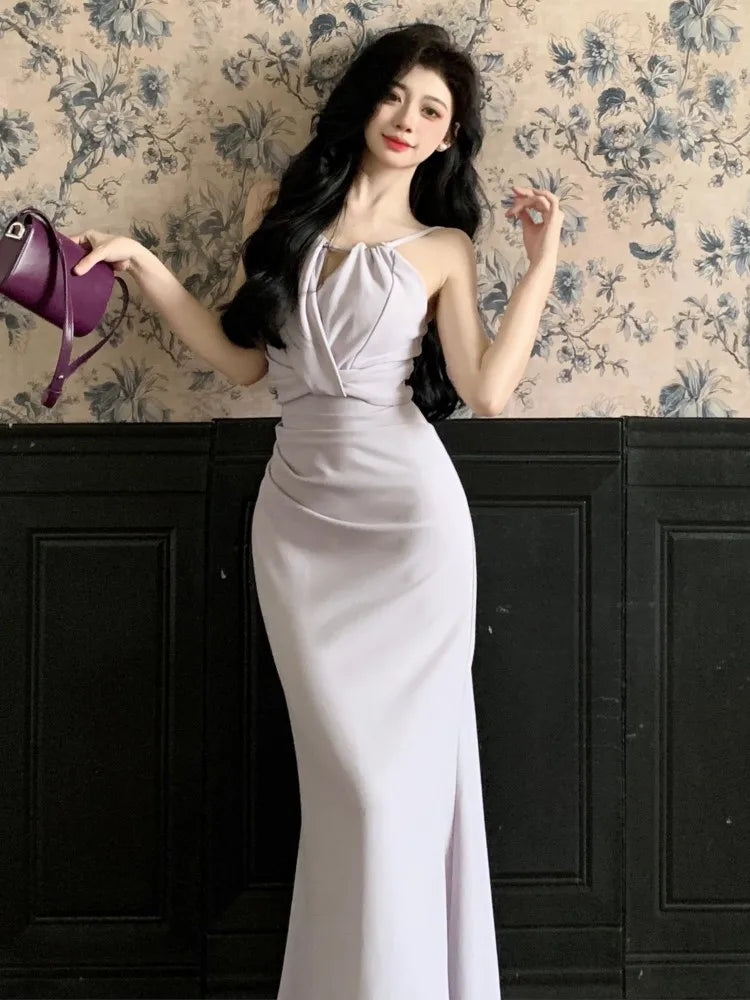LBSFY -Hollow Elegant Summer Dresses For Women Sexy French Fashion Folds Spaghetti Strap Slim Fit Long Dress Evening Chic Party Robe