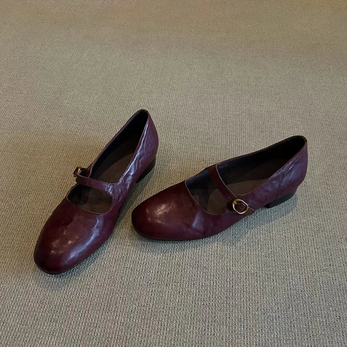LBSFY -Version Mary Janes Low Heel Flat Bottom Women's Shoes Retro Simple Commuter Buckle Single Shoes Leather Upper