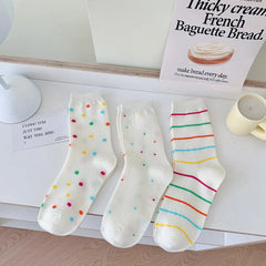 Lbsfy Women Socks Cotton Spring Autumn Female Polka Dot Striped Girls Gift White Sweet Style Simple Lovely Cute Kawaii Mid-tube Socks
