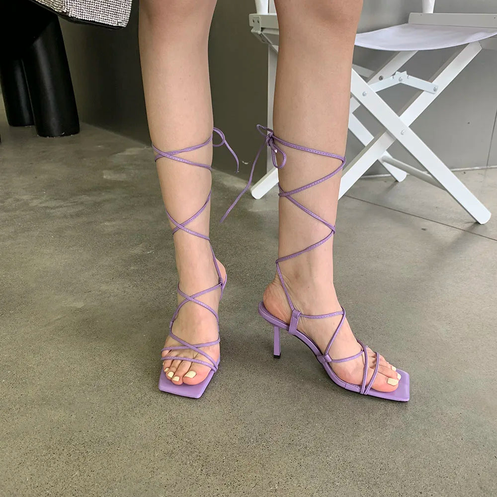 LBSFY  -  Open Toe Women Sandals 2024 New Arrivals Fashion Party Pumps Thin High Heels Cross Strap Lace Up Candy Color Sexy Slides Mules