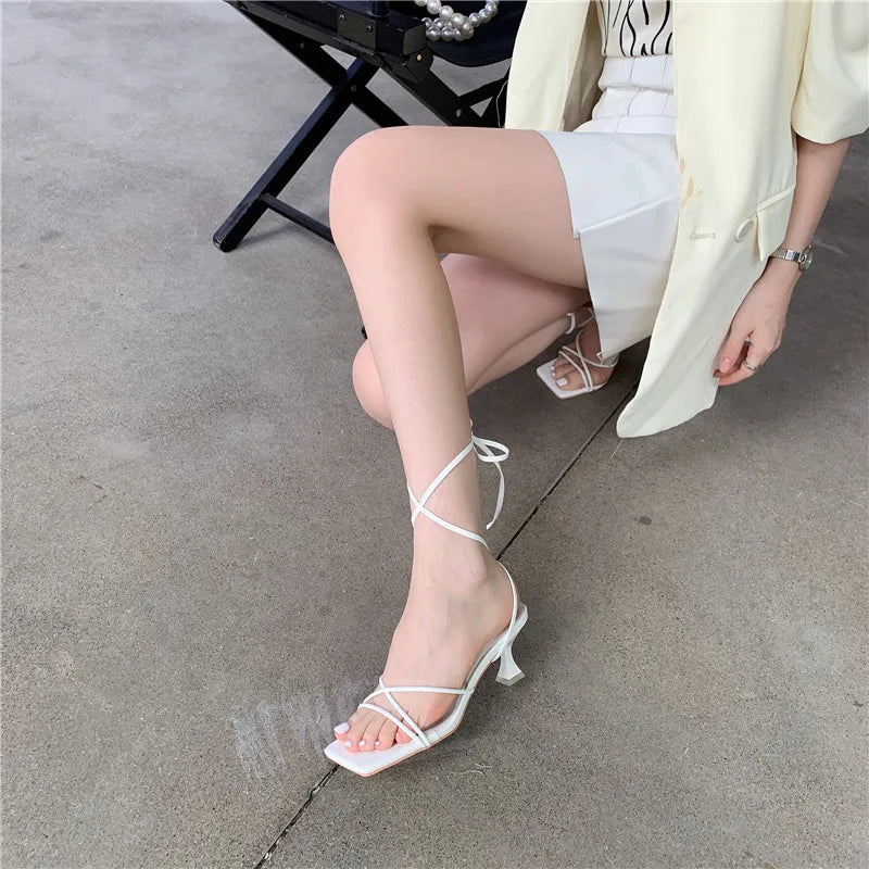 LBSFY -Fashion Gold Silver Sandals Thin Low Heel Lace Up Rome Summer Gladiator Women Casual Narrow Band Shoes Sandalias De Mujer