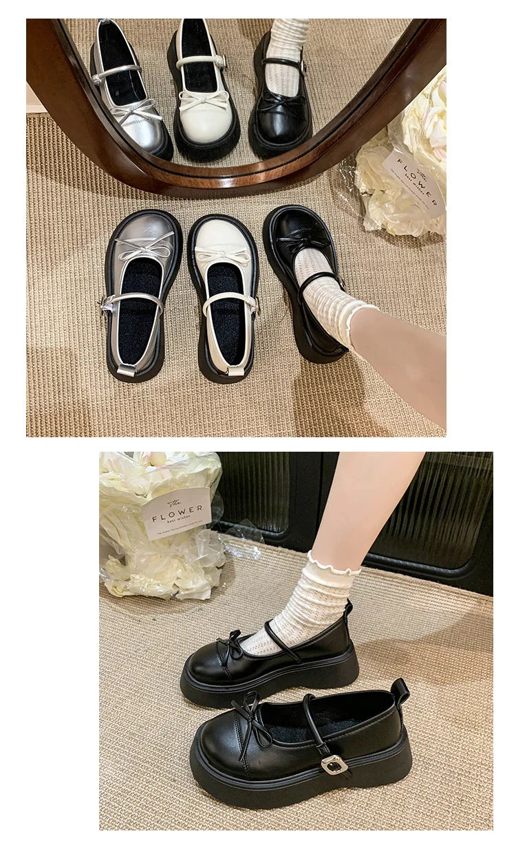 LBSFY -French bowknot Mary Jane Platform Shoes Woman 2025Buckle Strap Pu Leather Casual Shoes Woman Thick Sole Student Jk Uniform Shoes