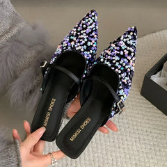 LBSFY  -  Luxury Colorful Bling Designer Slide Sandals Women 2025 Summer Sexy Pointed Toe Women Slippers Elegant Low Heeled Mules Loafers