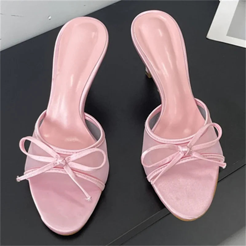 LBSFY -Fashion Butterfly-knot Breathable Holes Mesh Open Toe Woman Slippers Summer Thin High Heels Party Dress Shoes