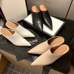 LBSFY  -  Fashion Sandals New High Quality Real Leather Simple Pointed Open Heel Beaded High Heel Muller Shoes Slippers Outside