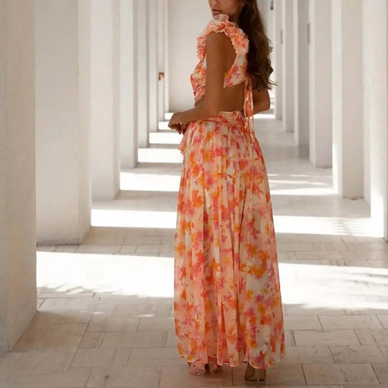 LBSFY  -  Chic Spring Floral Print Ruffle Boho Long Dress Women Sexy Deep V Neck Hollow Party Dress New Summer Sleeveless Split Maxi Dress