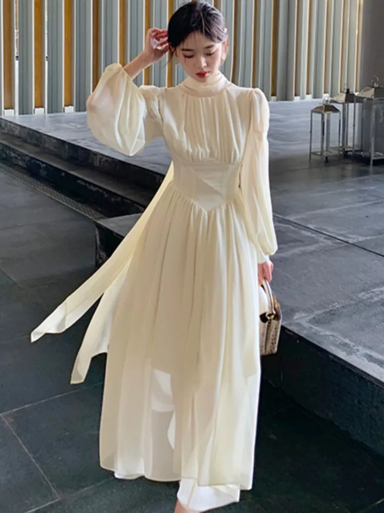 LBSFY -Elegant Long Sleeve Evening Dresses for Women Spring Slim Lace Up A-Line Party Prom Casual Dress Fashion French Female Clothing