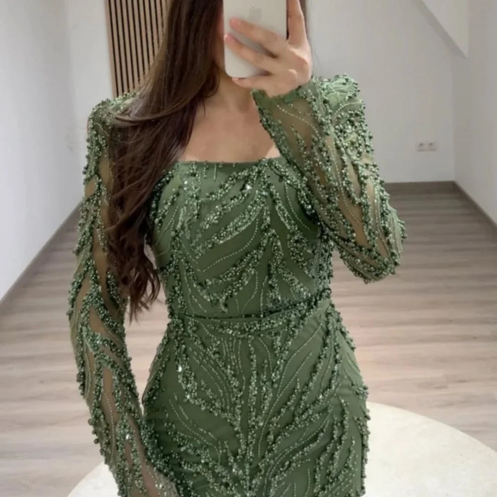 LBSFY  -Green Beaded Square Collar Wedding Dress Long Sleeves vestidos de noche Ankle