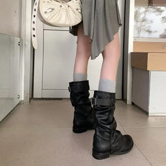 LBSFY  -  2025 New Genuine Leather Boots Women Pleated Mid Calf Boots Handmade Retro Western Boots Ladies Shoes