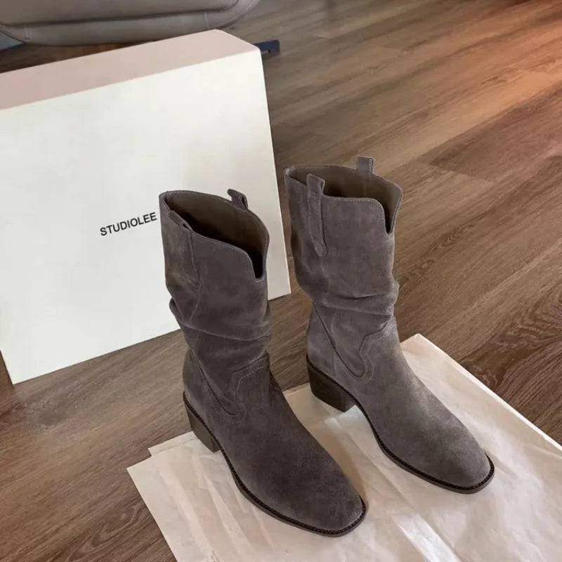 LBSFY -New Style Luxury Women's Retro Brown Western Cowboy Long Boots Women's Fashionable Mid-Calf Pointed Toe Booties Zapatos Mujer