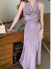 LBSFY -Spring Summer Elegant Purple Party Long Dresses For Woman French Fashion Vintage Swing-Collar Lace-up Slim New Dress Prom Female