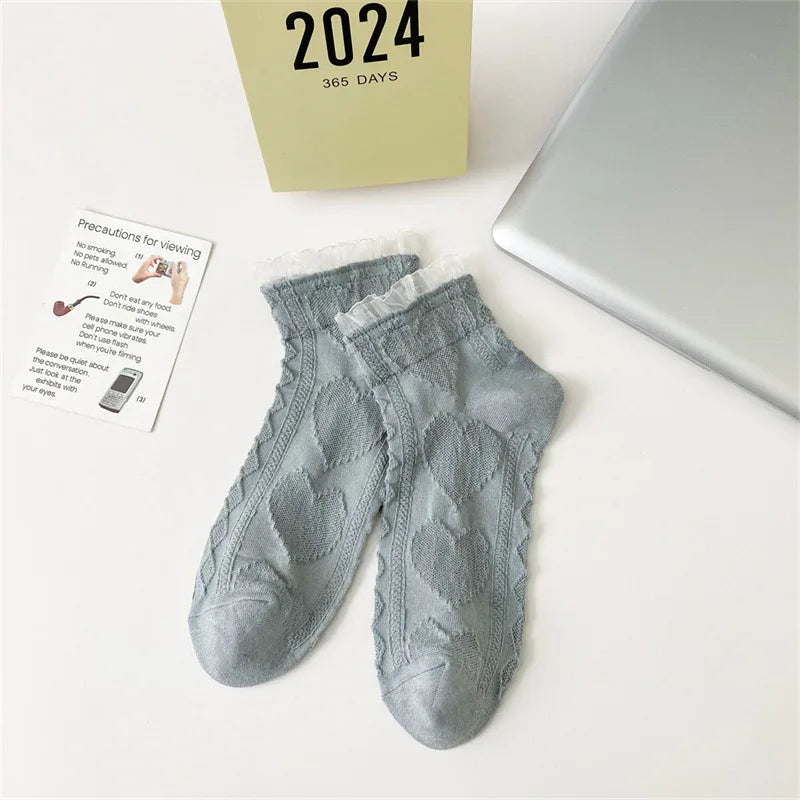 Lbsfy Women's Sock Spring Summer High Appearance Pure Cotton Anti Slip Sweat-absorbing Breathable Lace Love Fashion Cotton Short Socks