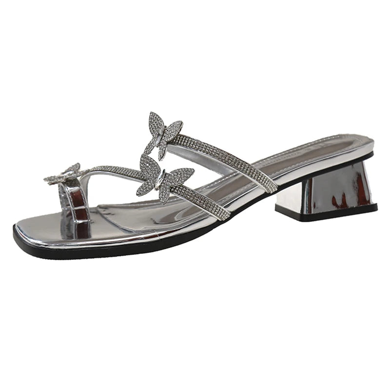 LBSFY  Fashion Silver Crystal Sandals Women Rhinestone Butterfly Thick Heel Sandles Woman Summer Med Heeled Party Shoes Female