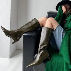 LBSFY  -  New Women Dark Green Black Crocodile Patterned Leather Pointed Square Toe 45 mm Kitten Heel Tube Slip On Knee High Boots Shoes