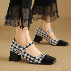 LBSFY  -   2024 New Women Retro Houndstooth Mary Janes Pumps Patent Leather Buckle Strap Block Thick Heeled Shoes Ladies Dress Spring 33-48