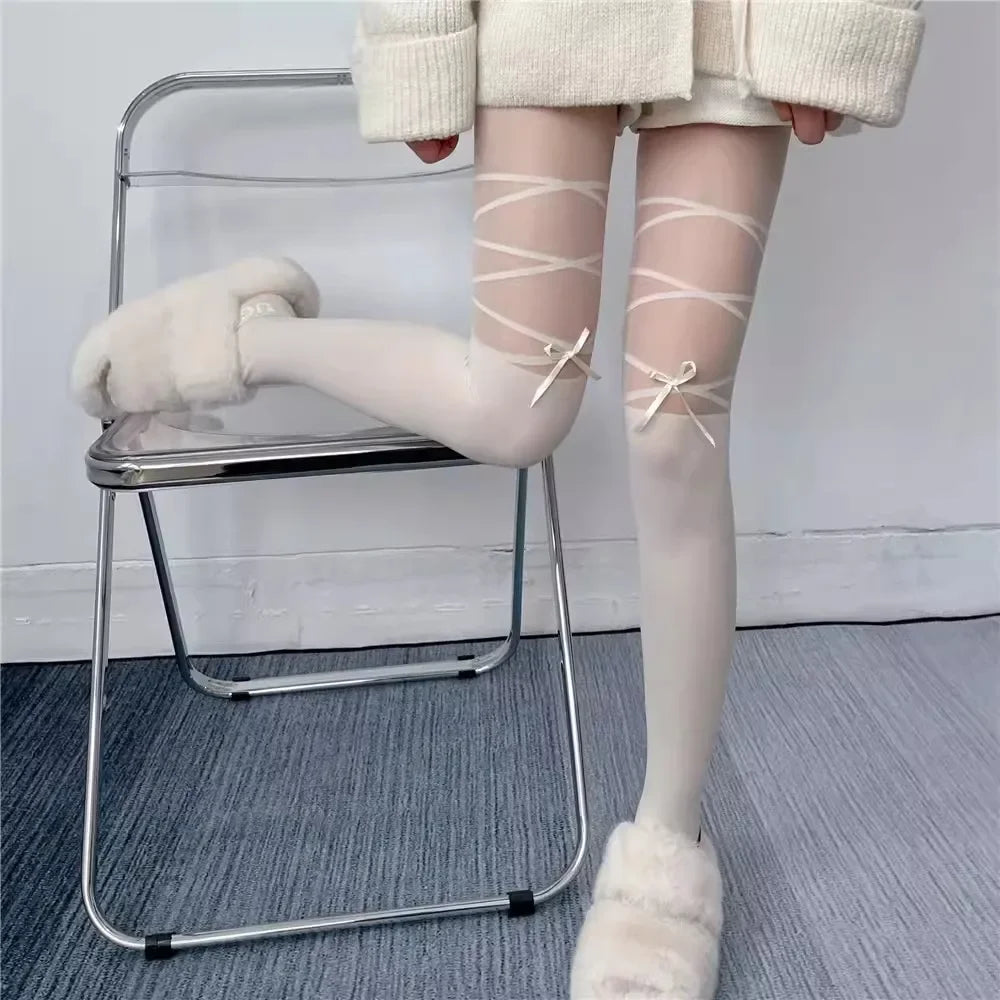 Lbsfy Sexy Strap Bow Stitching Stockings Japanese Thin Section White Stockings Women Fake Thigh Socks Female Jk Black Fake Pantyhose