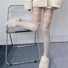 Lbsfy Sexy Strap Bow Stitching Stockings Japanese Thin Section White Stockings Women Fake Thigh Socks Female Jk Black Fake Pantyhose