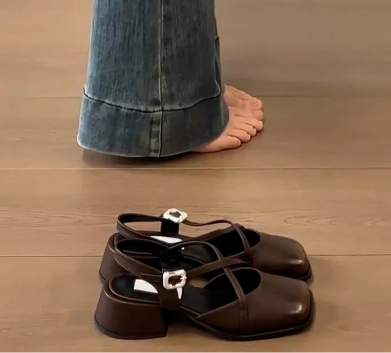 LBSFY -Designer Cover Toe Women Mary Jane Shoes Fashion Cross Buckle Singbacks Shoes 2025 Spring Female Thick Heel Shoes