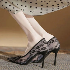 LBSFY  -  2024 Summer New Europe and The United States Sexy Slim High Heels for Women Slim Heel Shallow Mouth Pointed Lace Single Shoes