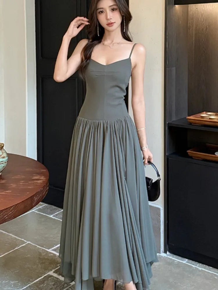 LBSFY -2025 Summer Office Lady Women's Dresses New Elegant V-Neck Slim Waist Pleated A-Line Long Sling Dress Holiday Casual Vestidos