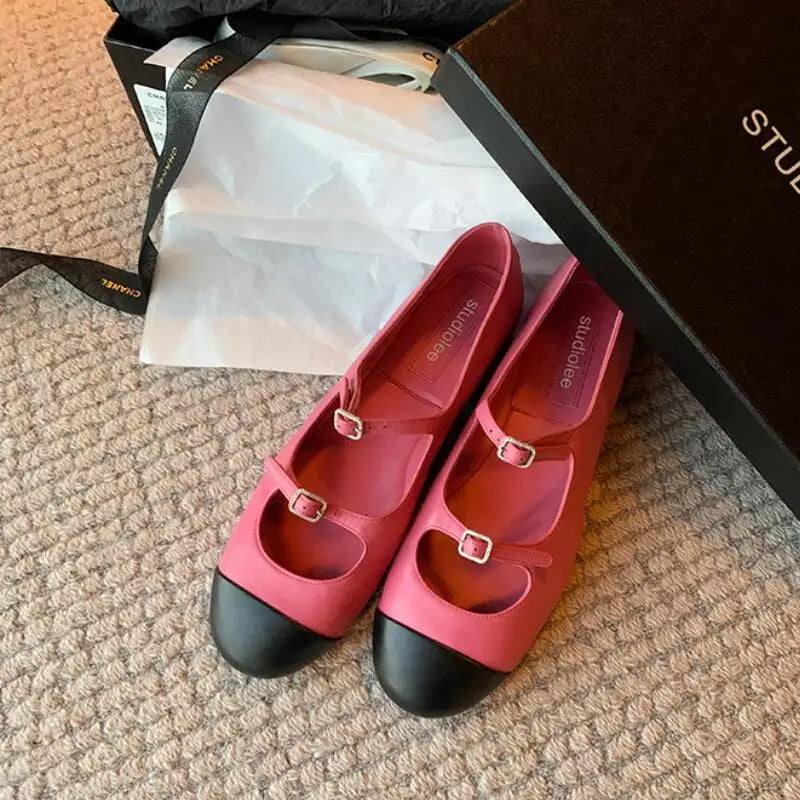 LBSFY  -  Designer Round Toe Mary Janes Women Buckle Ballets Shoes Ladies Mixe Color Ballerina Flats Party Wedding Loafers Shoes