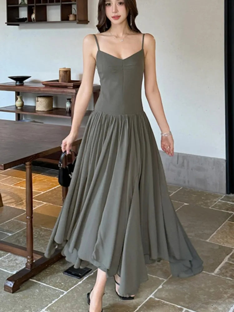LBSFY -2025 Summer Office Lady Women's Dresses New Elegant V-Neck Slim Waist Pleated A-Line Long Sling Dress Holiday Casual Vestidos