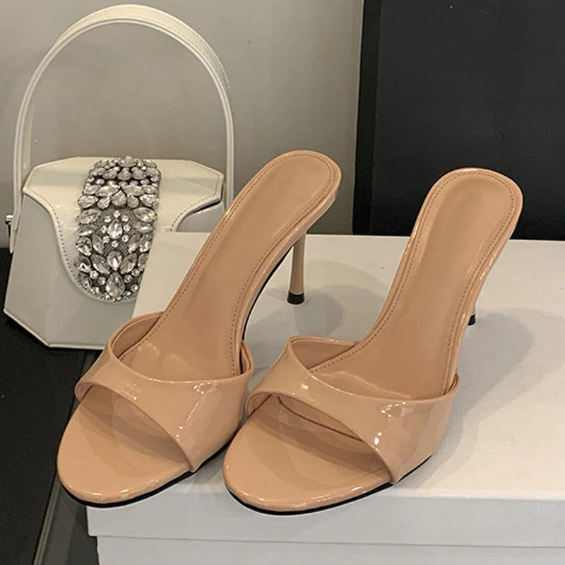 LBSFY  -Wine Red Patent Leather Women Slippers Sandals Fashion Round Open Toe Thin High Heels Mules Slides Summer Party Dress Shoe
