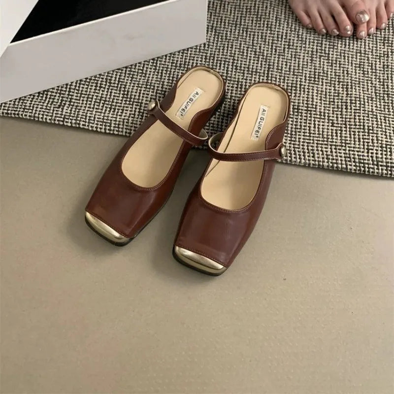 LBSFY -New Fashion Stylish Women's Square - Toe Metal  Capped Buckle Women's Strap Mules in Multiple Colors Large Size Zapatos Mujer