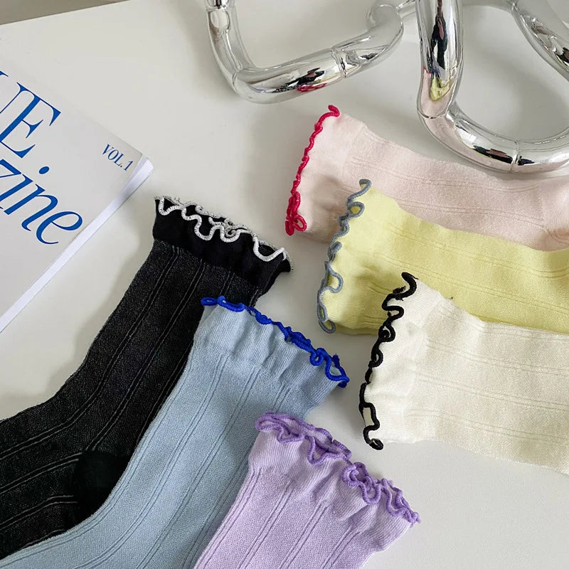 Lbsfy Women Socks High Quality Summer Fashion Casual Long Socks Solid Color Korean Style Waveselvedge Mesh Breathable Simple Thin