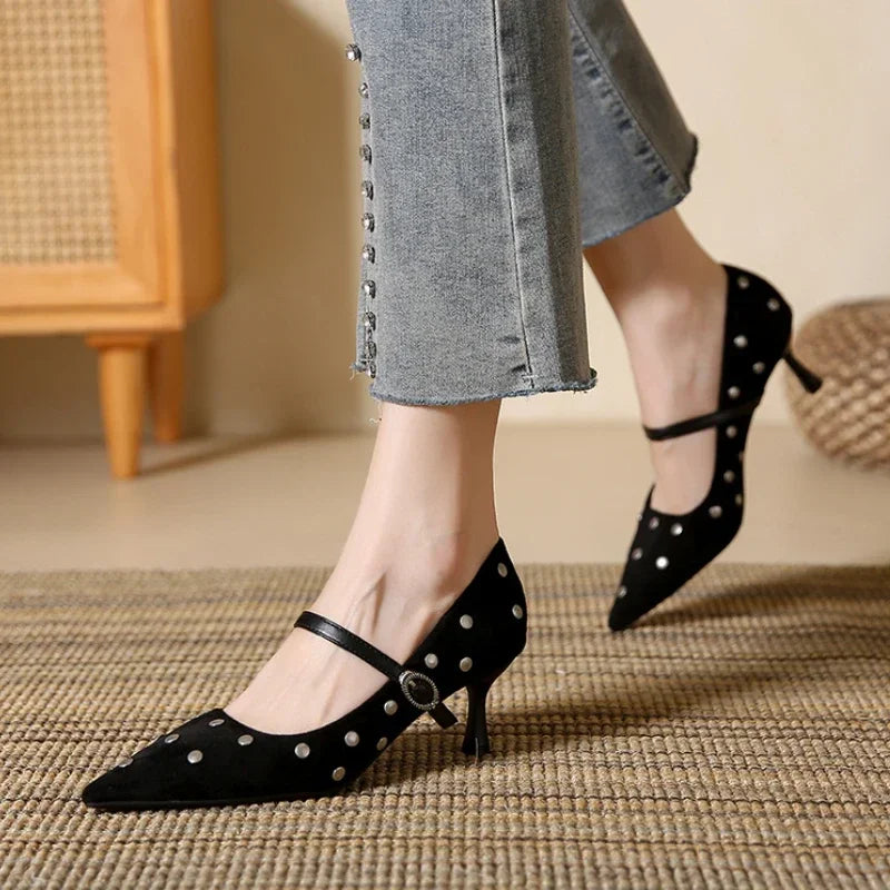LBSFY  -  Rivet Designer High Heels Women Pointed Toe Elegant Office Women Shoes Spring Autumn Fashion Suede Low Heel Mules Pumps Women