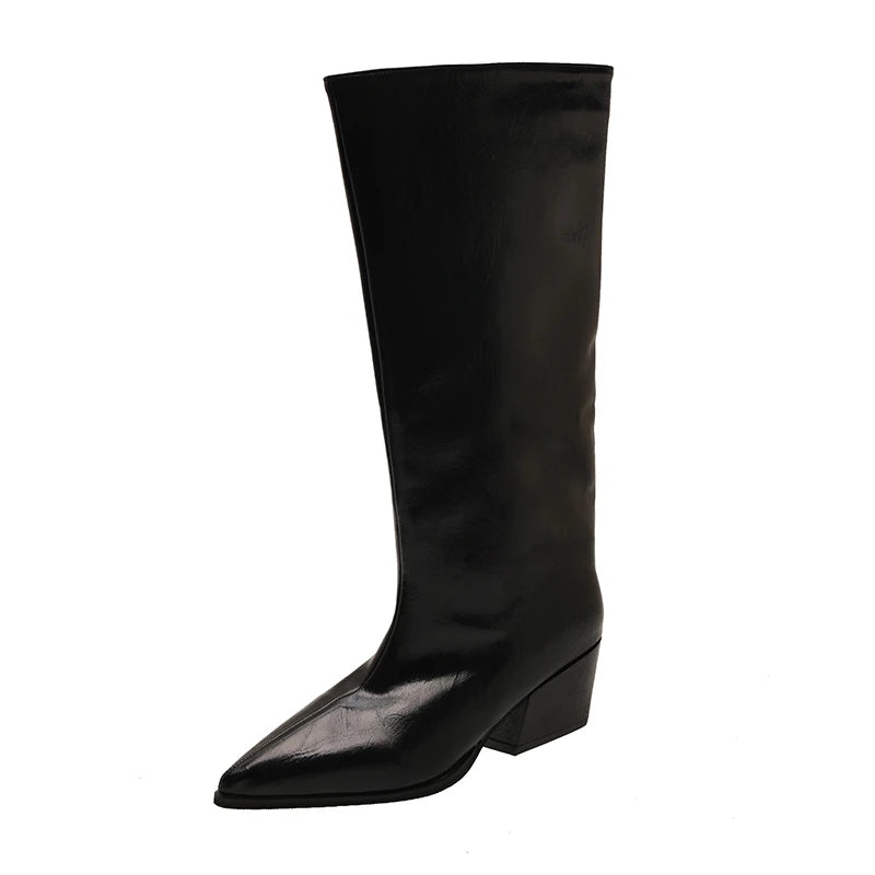 LBSFY -New Women's Leather Kitten Heel Square Toe Slip-on Autumn Knee High Boots Casual Female Long Boots Shoes Knee-High Boots