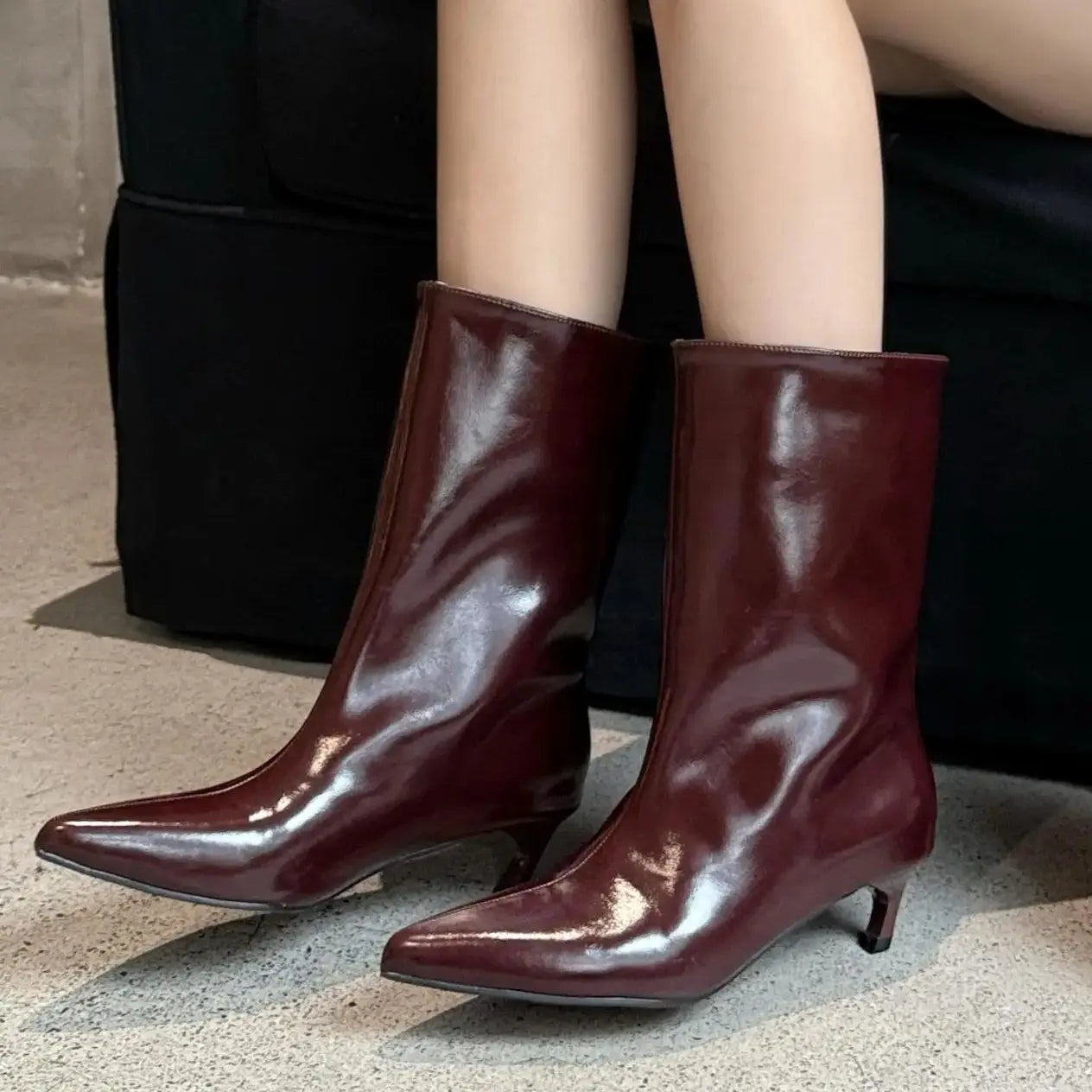 LBSFY  -   Burgundy Wide Calf Boots Ankle PU Leather Pointed Toe Thin Heels Winter Boots Women