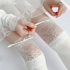 Lbsfy Thigh High Socks Knit Lace Bowknot Autumn and Winter Thick Leg Warmers Stockings White Black Lolita Cute Over the Knee Socks
