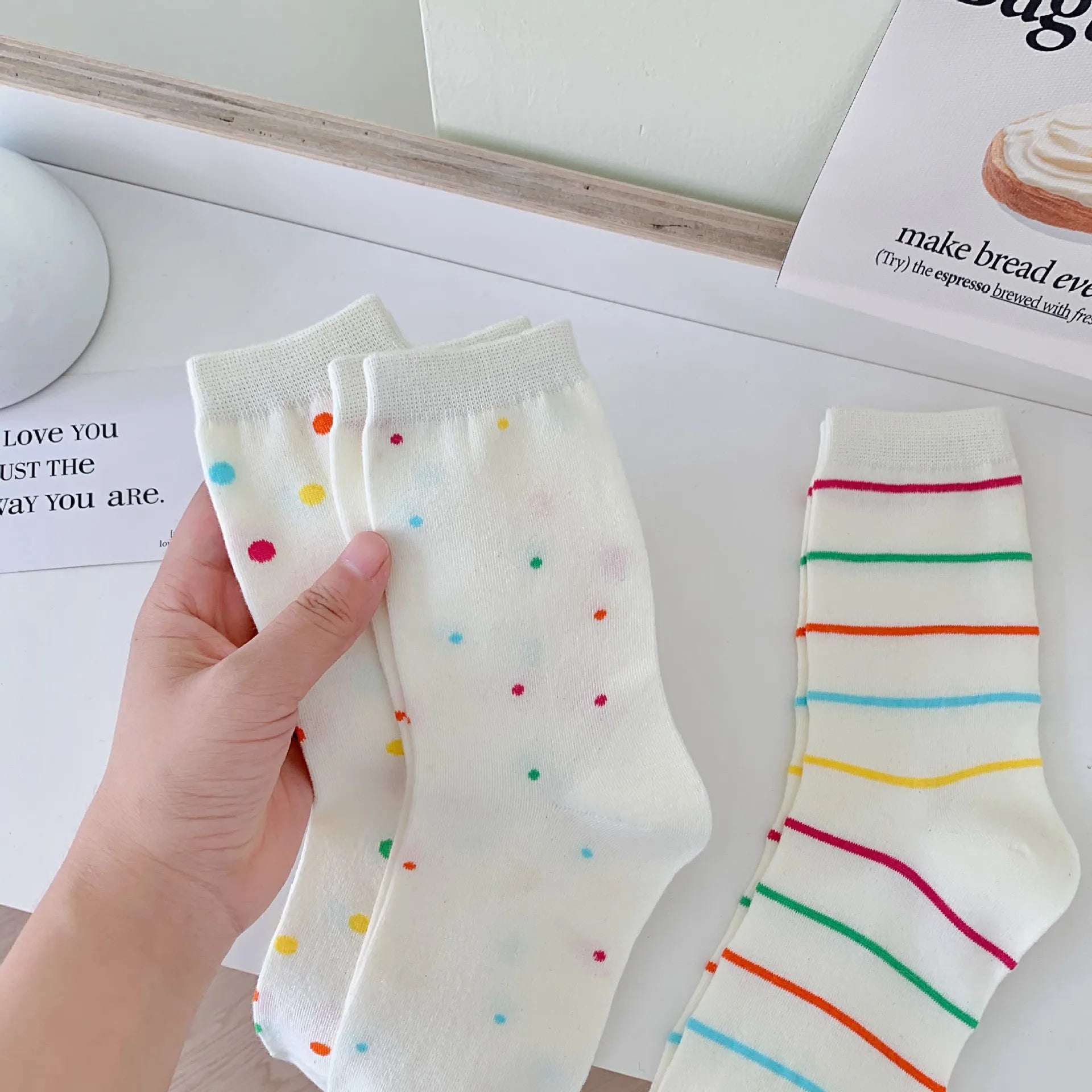 Lbsfy Women Socks Cotton Spring Autumn Female Polka Dot Striped Girls Gift White Sweet Style Simple Lovely Cute Kawaii Mid-tube Socks