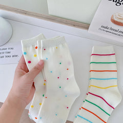 Lbsfy Women Socks Cotton Spring Autumn Female Polka Dot Striped Girls Gift White Sweet Style Simple Lovely Cute Kawaii Mid-tube Socks