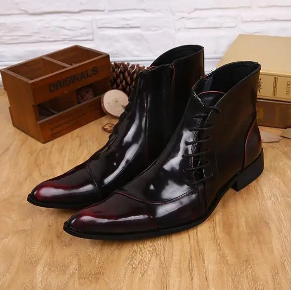 LBSFY  -  New Burgundy Black Matte Genuine Leather Pointed Toe Business Shoes Man Cross Tied High Top Flat Short Ankle Boots Size 47