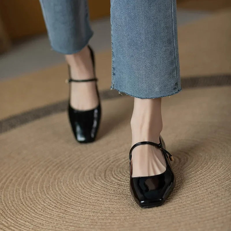 LBSFY -Elegant High Heels French Dress Party Shoes for Woman Platform Patent Leather Mary Jane Burgundy Black Square Toe Mid-heel Pumps