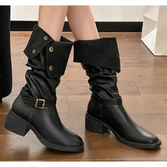 LBSFY -New Style Fashion Women's Thick Heels Fold Pile Long Knight Boots Pointed Low Heels Casual Elegant Temperament Sleeve Slim Boots