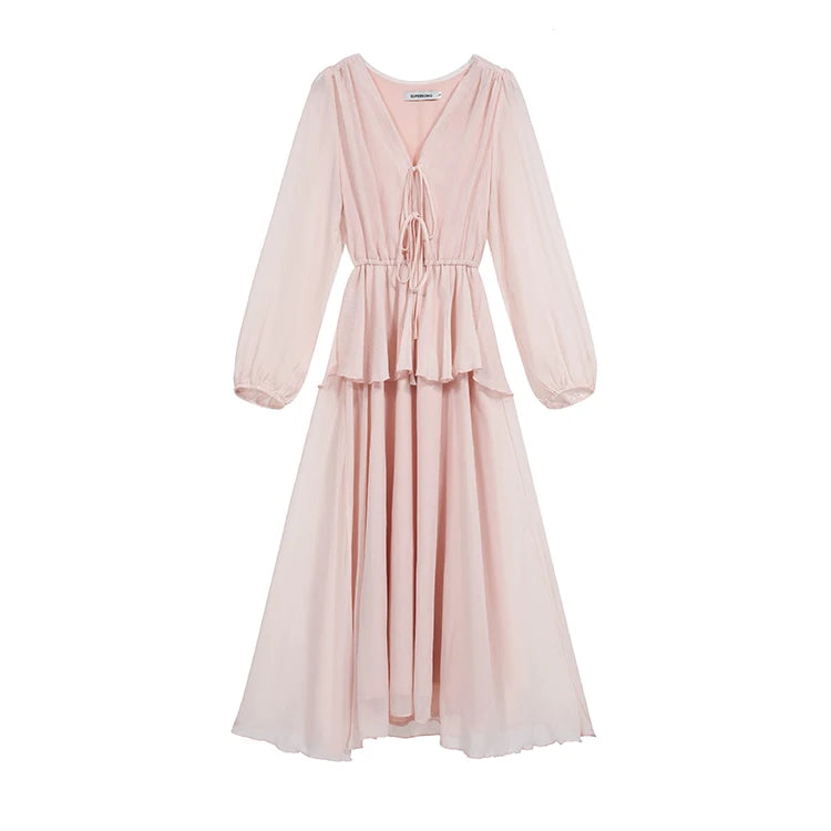LBSFY -Elegant Fairy Casual Korean Style Women's Dresses New V-Neck Lace-up Long Lantern Sleeve Ruffles Midi Dress 2025 Holiday Vestido