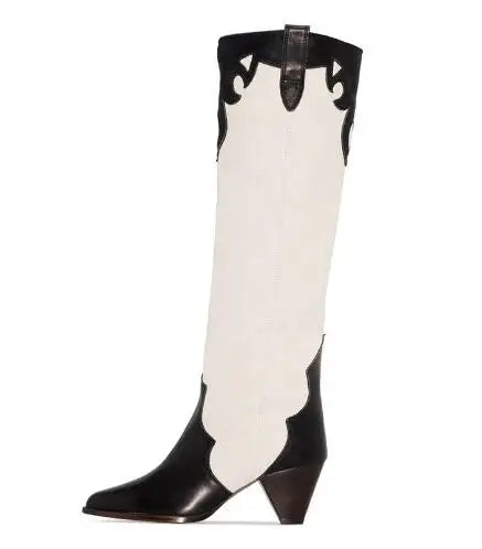 LBSFY  -  Genuine Leather Black White Mixed Color Pointed Toe Spike Heels Knee High Boots Women Slip On Tube Fashion Long Botas Shoes