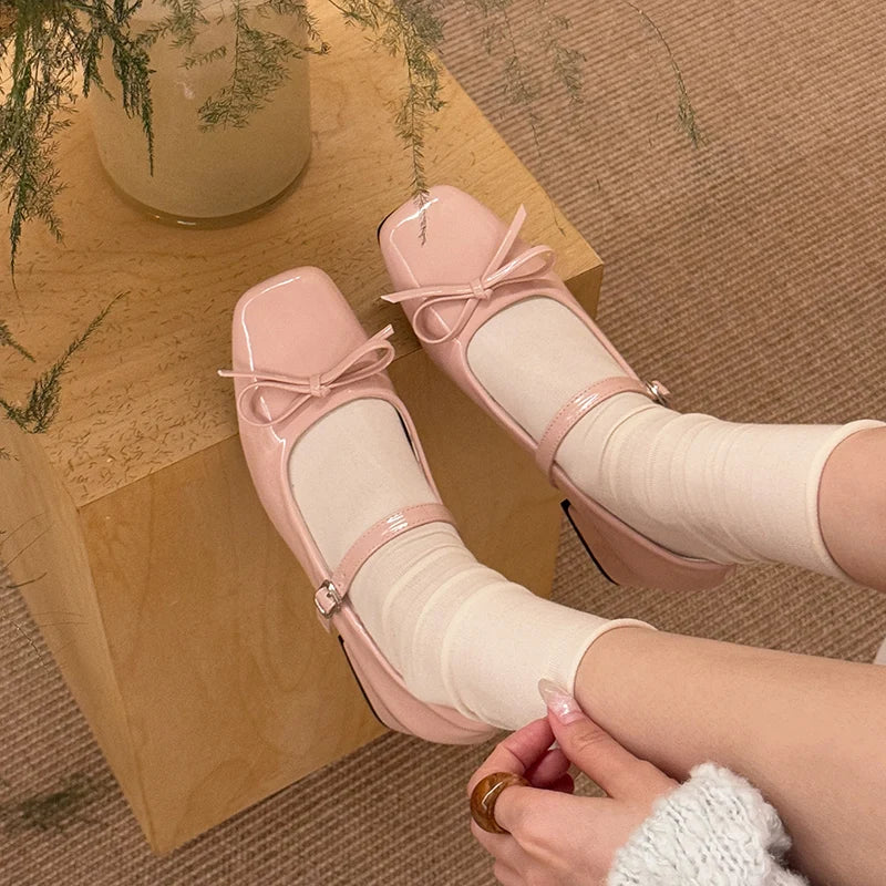LBSFY -Patent Leather Women Mary Jane Shoes Fashion Shallow Butterfly-knot Shoes Spring Autumn Wedding Party Shoes