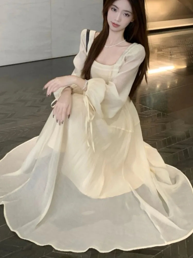 LBSFY -Fairy French Elegant Women Midi Dress Square-Collar Long Sleeve Slim Waist Dresses Sweet Casual 2025 New Mujer Vestidos Summer
