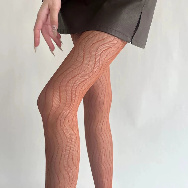Lbsfy Women's Tights Elegant Sexy Wave Bottoming Stockings Ladies Hollow Out Lace Pantyhose Breathable Sheer Female Long Stockings