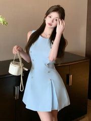LBSFY -Elegant French Chic Spring Summer Women's Dresses Blue O-Neck Sleeveless Pleated Korean Dress Party Evening Prom Female Clothes