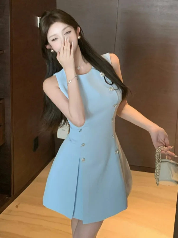 LBSFY -Elegant French Chic Spring Summer Women's Dresses Blue O-Neck Sleeveless Pleated Korean Dress Party Evening Prom Female Clothes