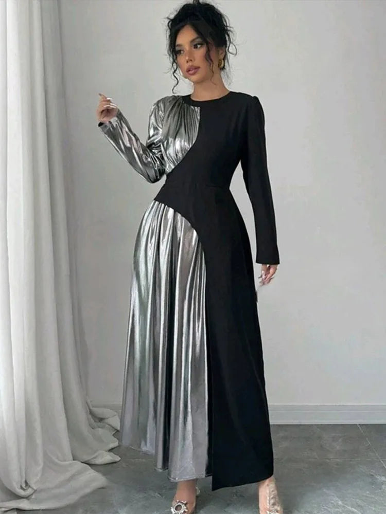LBSFY  -  Women's Fashion Metallic Color Patchwork Maxi Dress Chic O-neck Long Sleeve Slim High Waist Vestido 2024 Female New Party Robes