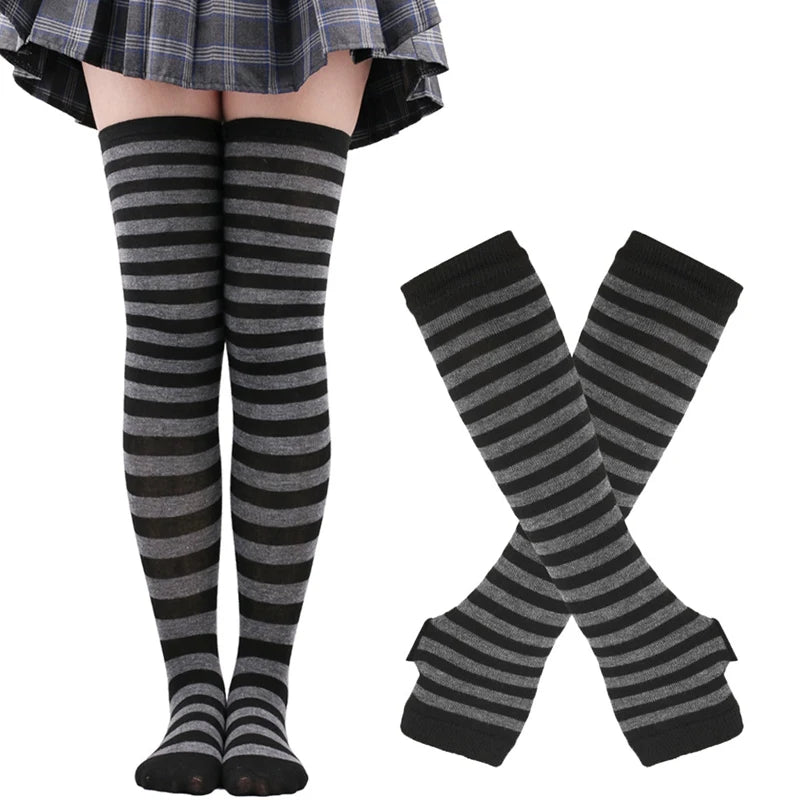 Lbsfy 1 Set Women Girls Over Knee Long Stripe Thigh High Cotton Gothic Lolita Socks Arm Sleeve Gloves Sweet Cute Black Overknee Socks