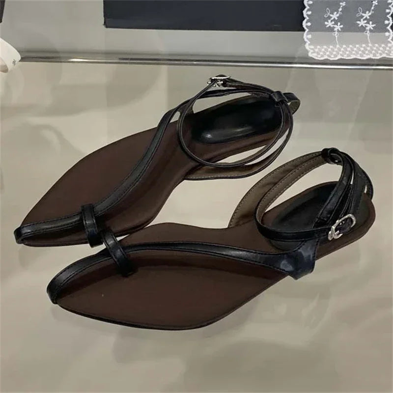 LBSFY -Summer Pointed Clip Toe Flat Heels Women Sandals Fashion Buckle Strap Casual Beach Party Flip Flops Shoes